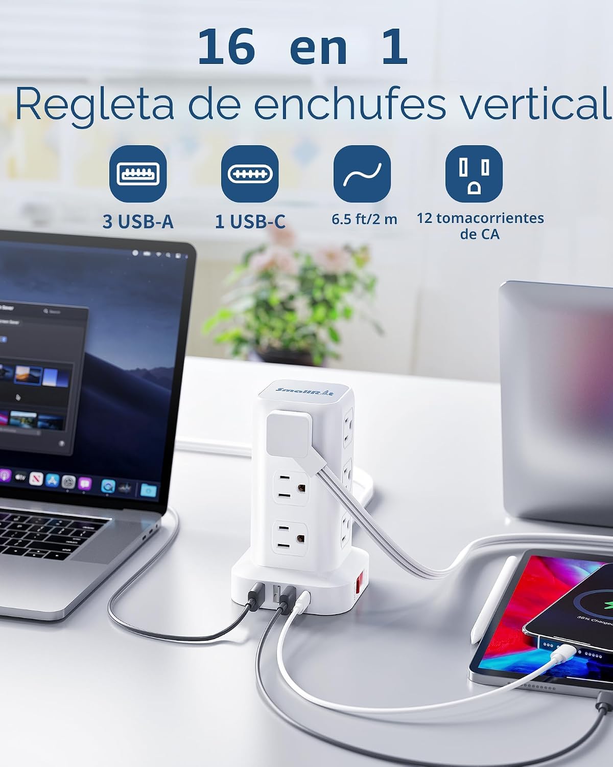 SMALLRT - Cable de extensión con múltiples tomas, regleta de alimentación de enchufe plano con USB 12 salidas de CA, extensor de salida de cable de extensión ultrafino de 6.5 pies para oficina en casa