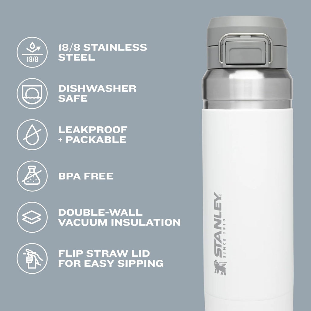 Stanley Quick Flip GO Botella de Agua de 24 oz | Tapa con Botón Pulsador | A Prueba de Fugas y Empacable para Viajes y Deportes | Acero Inoxidable Aislado | Sin BPA | Negro 2.0