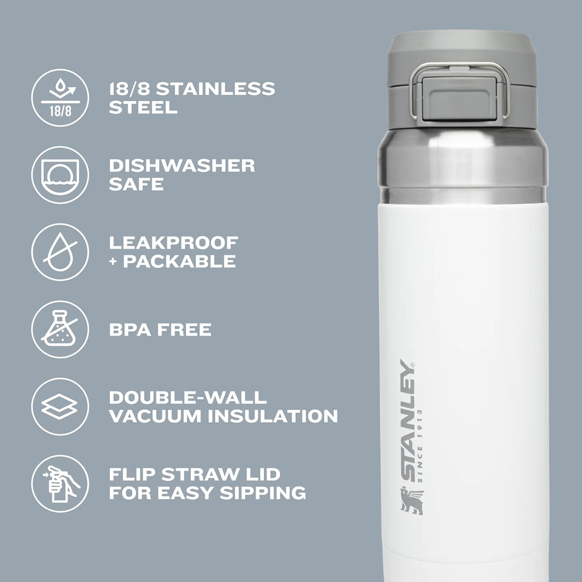 Stanley Quick Flip GO Botella de Agua de 24 oz | Tapa con Botón Pulsador | A Prueba de Fugas y Empacable para Viajes y Deportes | Acero Inoxidable Aislado | Sin BPA | Negro 2.0