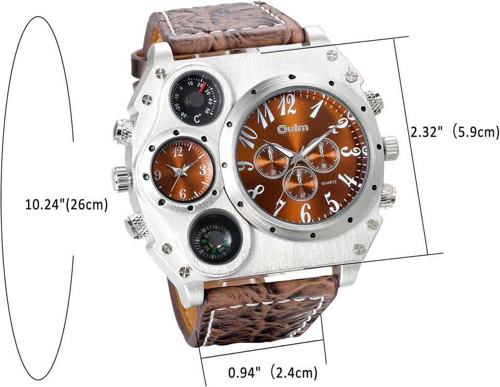 Avaner Reloj de pulsera de cuero para hombre: reloj analógico de cuarzo con correa de cuero, esfera grande y sobredimensionada, doble zona horaria