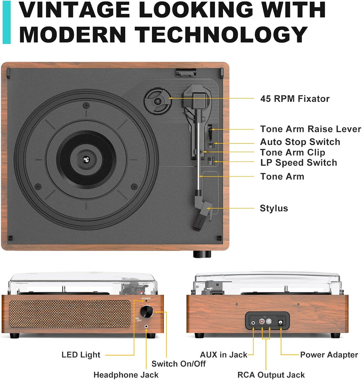 Tocadiscos de vinilo con altavoces, tocadiscos vintage para discos de vinilo, tocadiscos accionados por correa, 3 velocidades, reproducción Bluetooth, auriculares, entrada AUX, línea RCA, tocadiscos