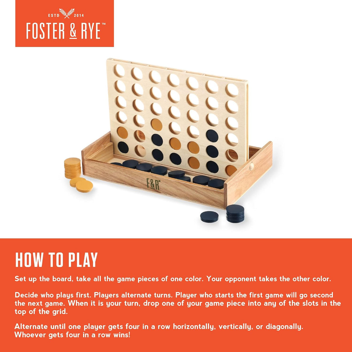 Foster & Rye Four and Win - Juego de mesa clásico, juegos para 2 jugadores, diseño vintage de madera - Juego de mesa de sobremesa