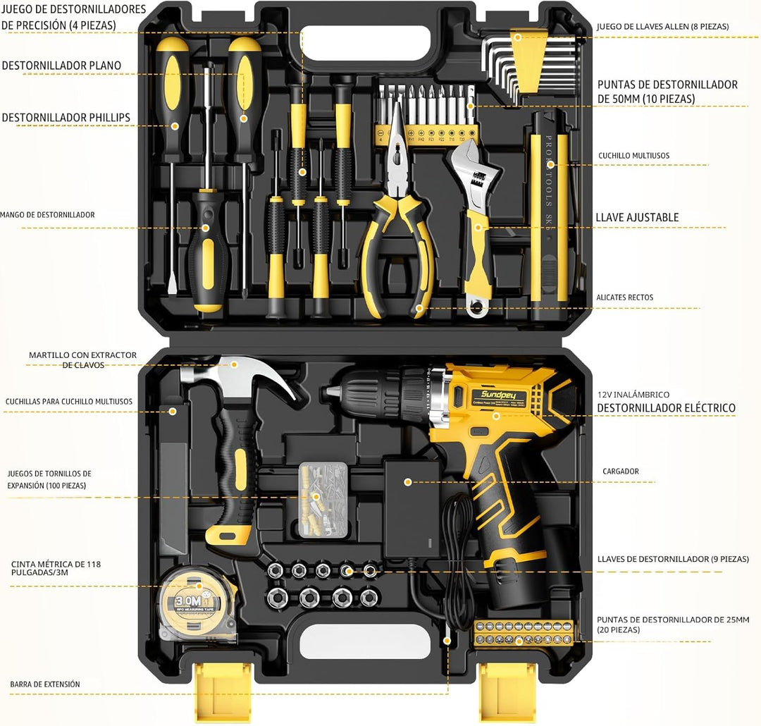 Sundpey Kit de herramientas para el hogar con taladro \u2013 Juego...