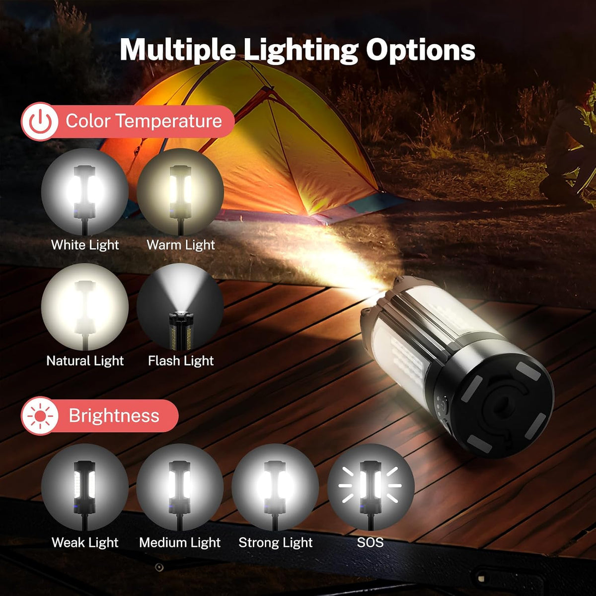 Lámpara OGERY Luz de camping recargable de 10000mAh con soporte 2 m de altura máxima, luz de trabajo inalámbrica con 3 cabezales de lámpara LED, 2200 lúmenes, equipo esencial de camping, linterna de