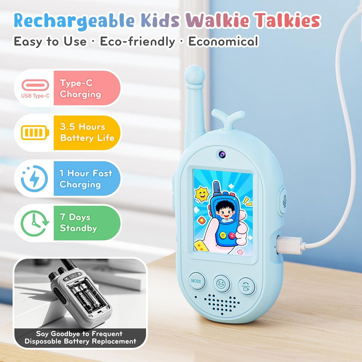 Walkie Talkies de video para niños, largo alcance, para niñas de 3 a 12 años, Azul y rosa