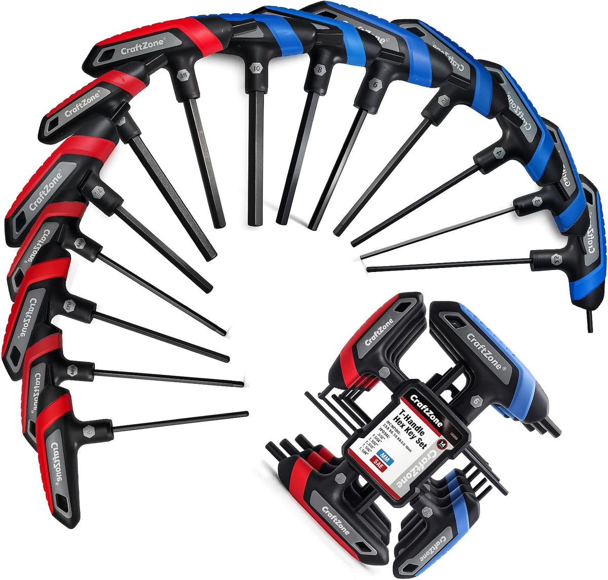 Juego de llaves Allen con mango en T, juego de llaves hexagonales largas con estante, métricas y SAE (0.098-0.394 in y 1/8-3/8") para muebles, bicicleta, automóvil, motocicleta, modelo, reparación de maquinaria