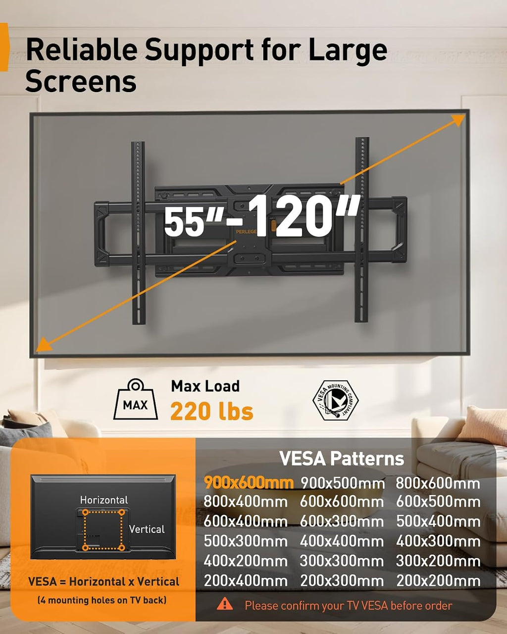 Perlegear Soporte de pared grande de movimiento completo para televisores