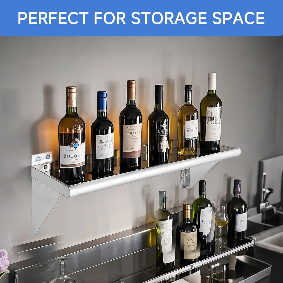 ROCKPOINT Estante de acero inoxidable de 12 x 48 pulgadas, 350 libras, paquete de 2 estantes flotantes de montaje en pared comercial NSF con protector contra salpicaduras para restaurante, cocina