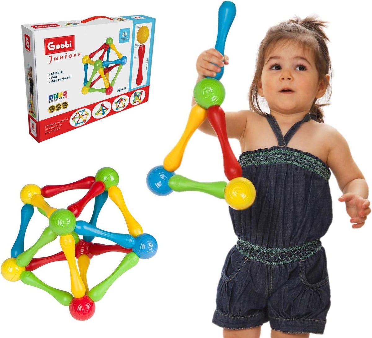 Goobi Juego de construcción de 40 piezas de bloques de construcción grandes, juego de desarrollo, palos magnéticos, colores de aprendizaje, creatividad, imaginación, rompecabezas 3D, juguetes