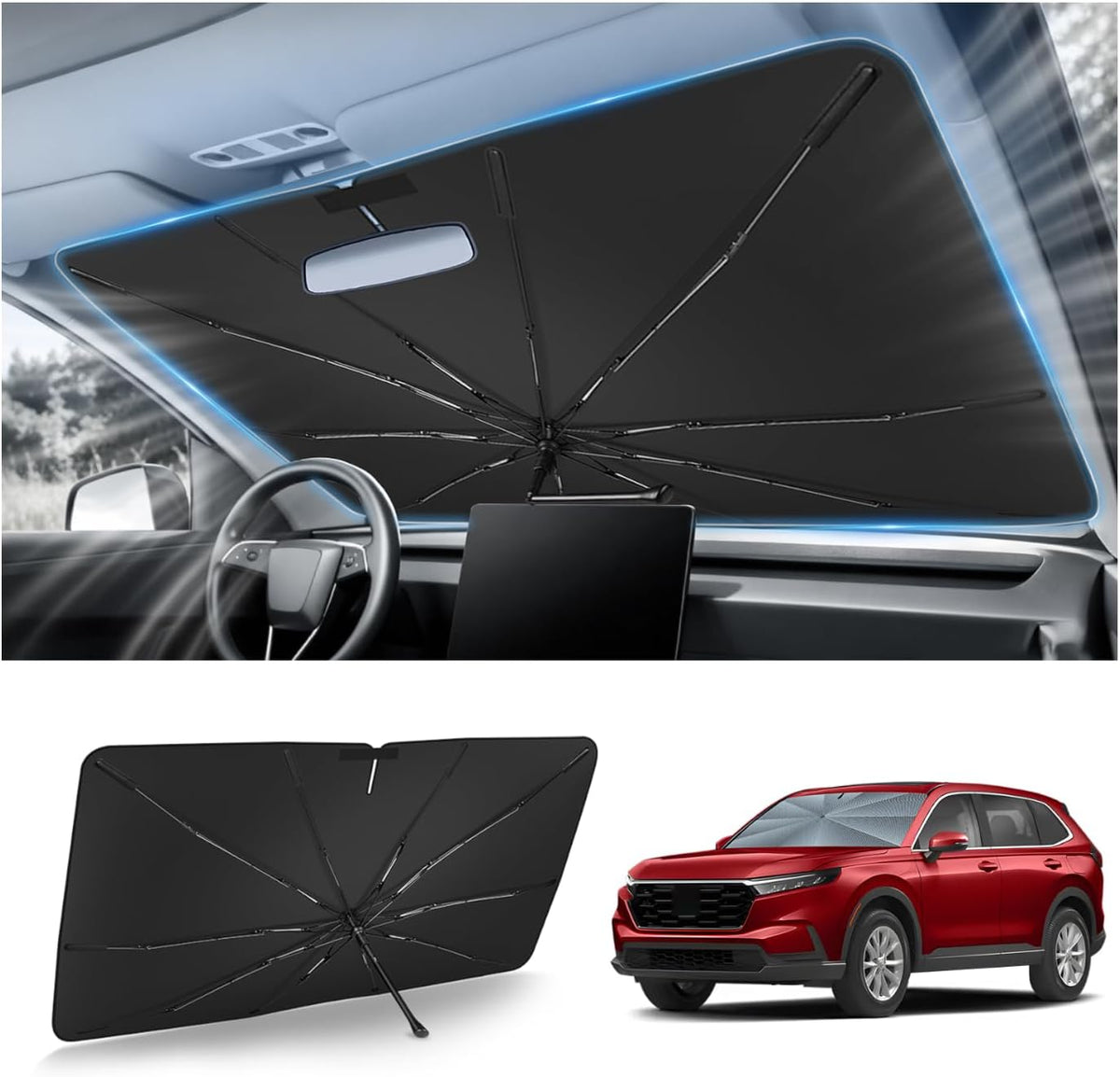 Sombrilla protectora para parabrisas Autorder Windshield Sun Shade Umbrella para 2023-2026 Honda CR-V CRV Accessories, material de cristal de hielo mejorado, instalación fácil, parasol para parabrisas del coche, 100% bloqueo de sol