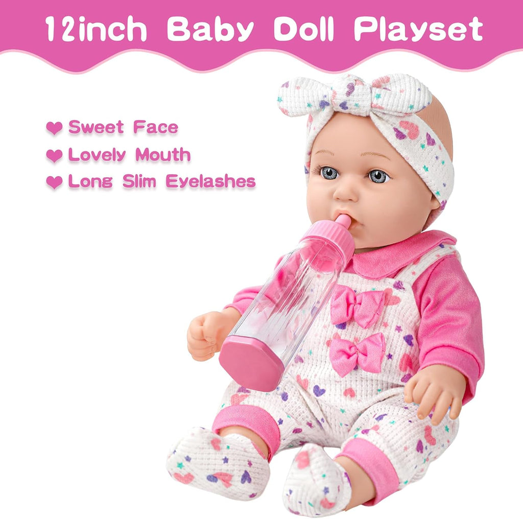 XFEYUE Muñeca de bebé de 12 pulgadas con lazo rosa conjunto de ropa para