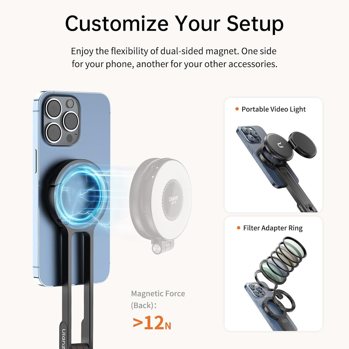 ULANZI MA30 - Soporte magnético de trípode para iPhone - Maglock de aluminio para teléfono inteligente, mini trípode de bolsillo, soporte para teléfono celular, imán fuerte, montaje rápido
