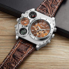 Avaner Reloj de pulsera de cuero para hombre: reloj analógico de cuarzo con correa de cuero, esfera grande y sobredimensionada, doble zona horaria