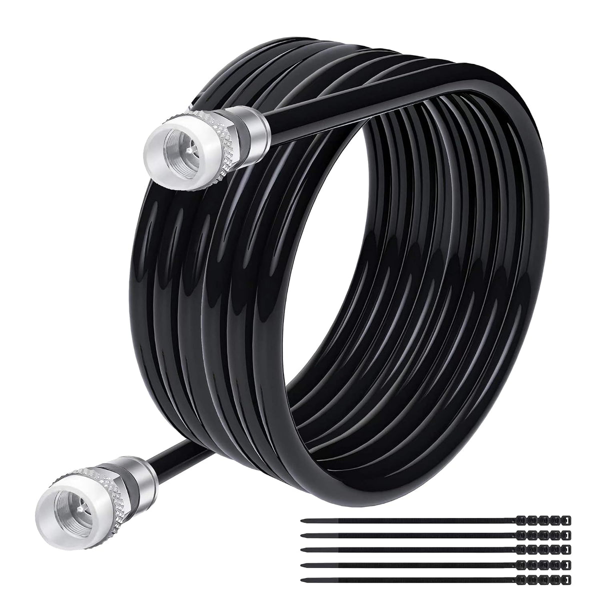 Cable coaxial RG6 de 100 pies para interior/exterior, cable coaxial de entierro directo para interiores y exteriores, blindado cuádruple, impermeable, en la pared con funda de goma, cable satelital de banda ancha para TV digital + 25 lazos
