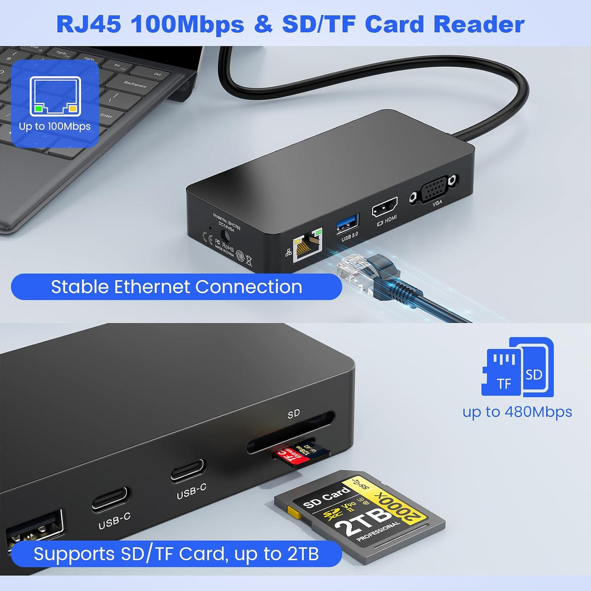 Estación de acoplamiento para superficie con adaptador de corriente, base de superficie 11 en 1, monitor dual 4K HDMI y VGA, Ethernet, concentrador USB, lector de tarjetas SD/TF para Surface Pro