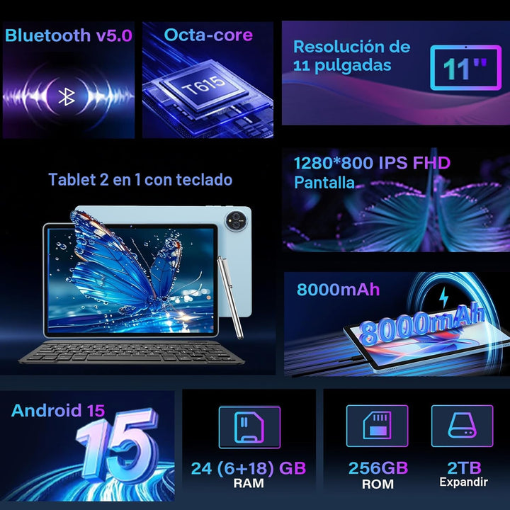 Tablet 2026 de 11 pulgadas, tableta Android 15 con teclado, 24 GB+2...