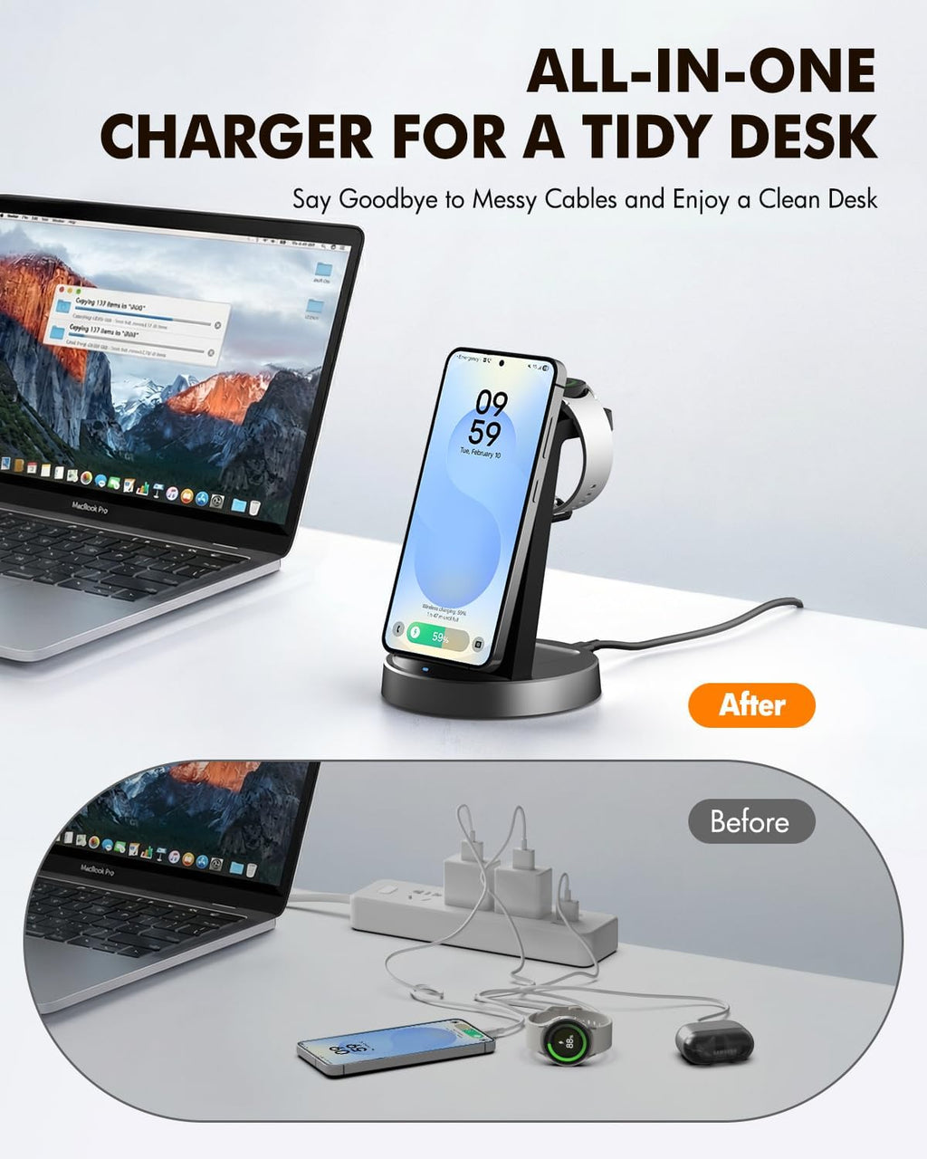 Cargador inalámbrico para Samsung, estación de carga Android 3 en 1