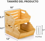 Paquete de 2 cubos de almacenamiento apilables de bambú, contenedores apilables de frente abierto para encimera, cesta organizadora de 2 niveles con asa, contenedor de alimentos y frutas para gabinete, cocina, estudio, oficina