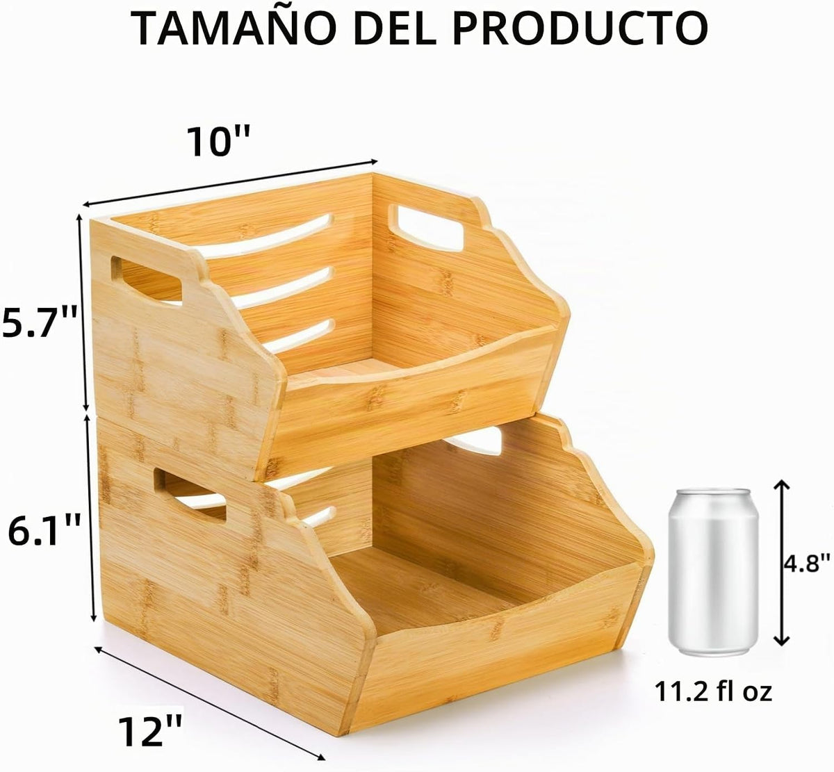 Paquete de 2 cubos de almacenamiento apilables de bambú, contenedores apilables de frente abierto para encimera, cesta organizadora de 2 niveles con asa, contenedor de alimentos y frutas para gabinete, cocina, estudio, oficina