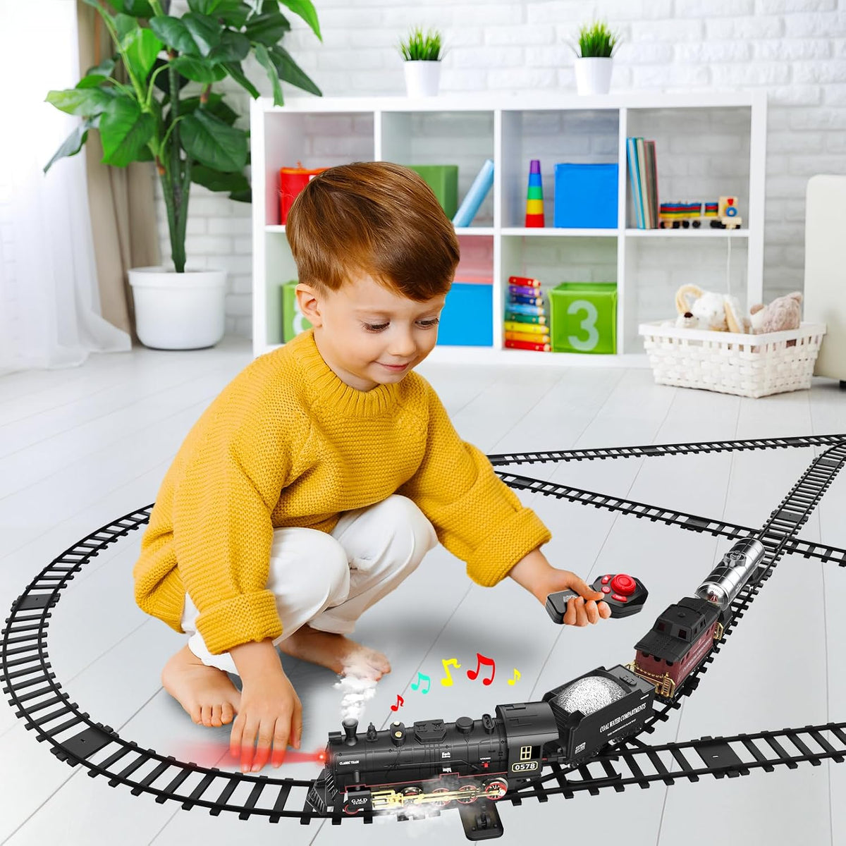 Hot Bee RC Train Set para Kids, Alloy Steam Locomotive con Cars y Tracks