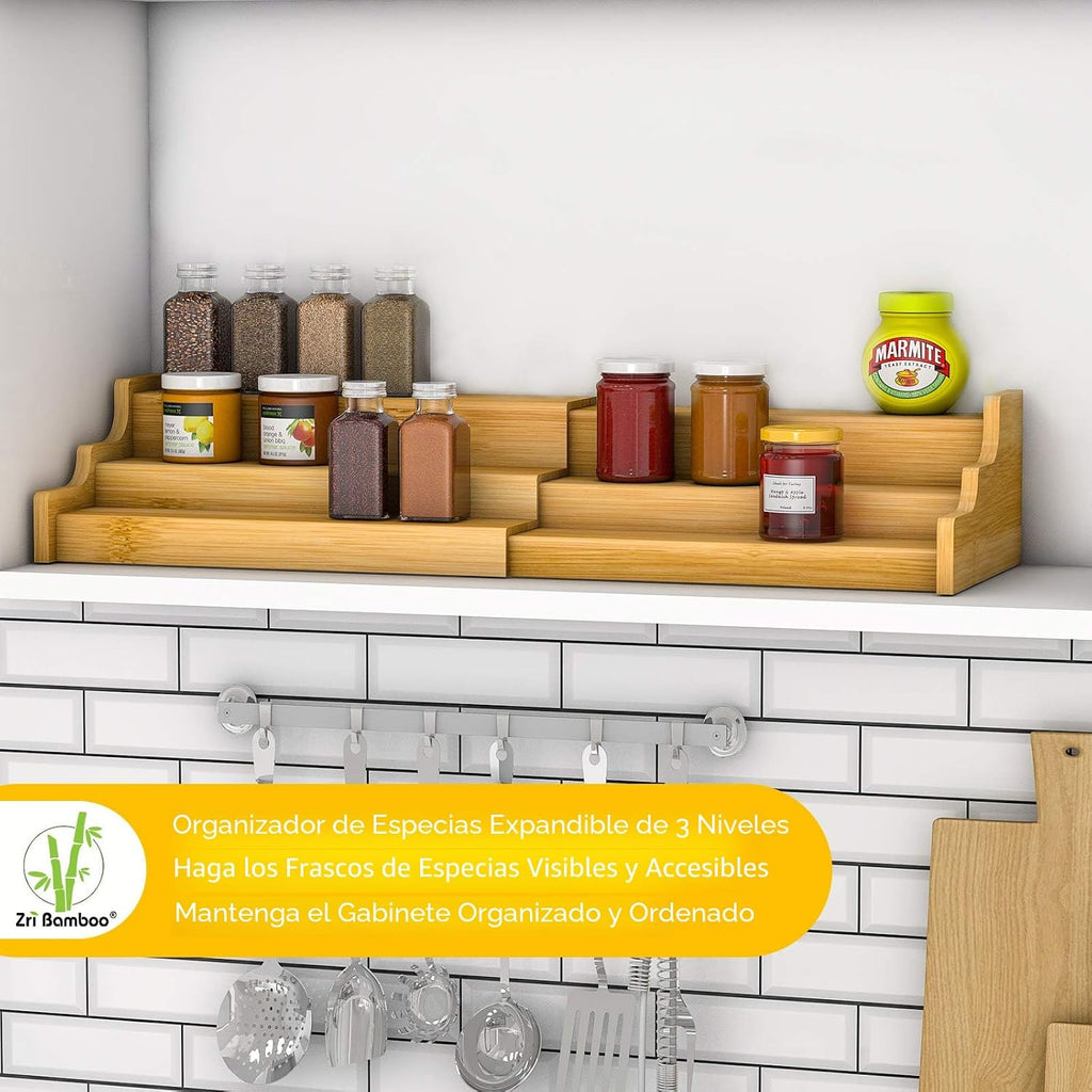 Organizador de gabinete de cocina para especias, estante de exhibición expandible de bambú de 3 niveles, color amarillo