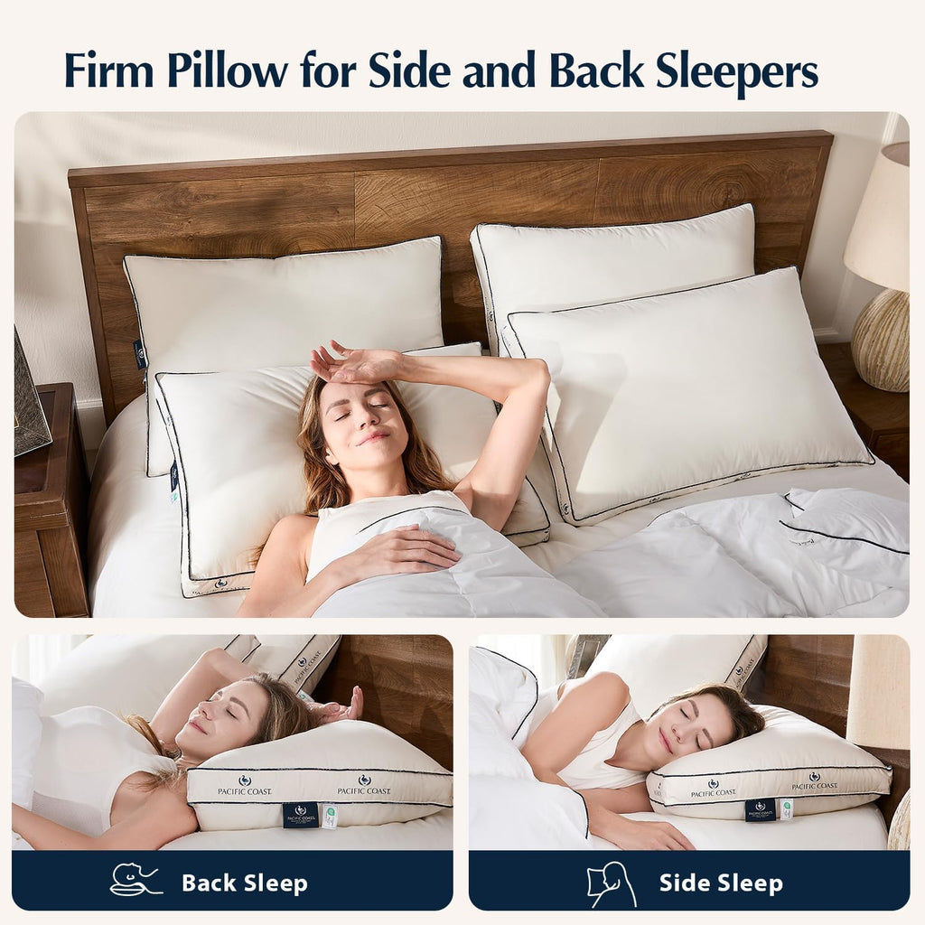 Pacific Coast Almohadas de plumas de ganso y plumón para dormir de lado y de espalda, juego de 2 unidades, tela de algodón 100% orgánico, almohadas firmes, almohadas reforzadas de la colección de