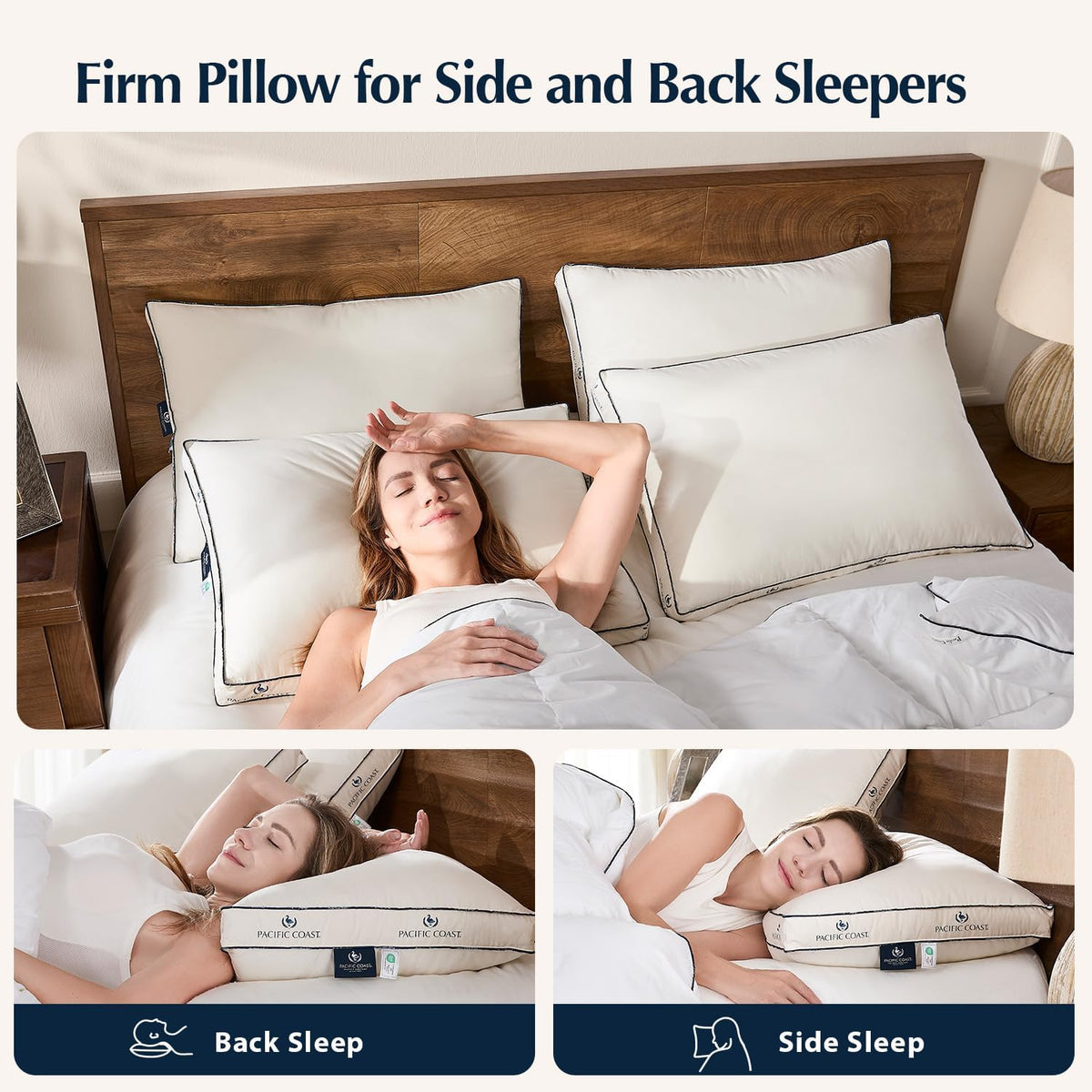Pacific Coast Almohadas de plumas de ganso y plumón para dormir de lado y de espalda, juego de 2 unidades, tela de algodón 100% orgánico, almohadas firmes, almohadas reforzadas de la colección de