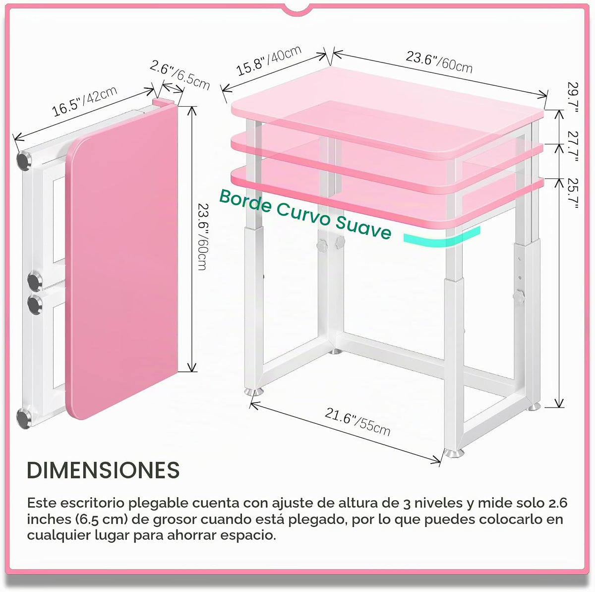 Escritorio pequeño sin herramientas de 23.6 pulgadas, escritorio portátil plegable con ruedas, altura ajustable, escritorios plegables para computadora en casa, mesa de escritura plegable para