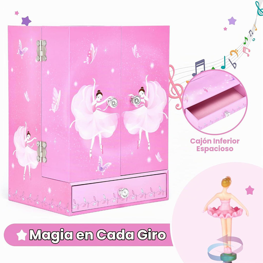 Jewelkeeper Caja organizadora grande de joyas, figura musical giratoria, organizador de accesorios de dos puertas con 4 cajones, 2 ganchos, almacenamiento de madera para anillos, collares, aretes