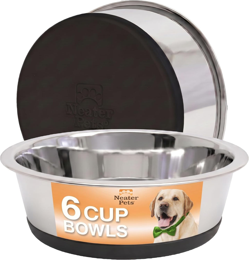 Neater Pet Brands Tazones de acero inoxidable para perros con parte inferior de goma antideslizante, juego de 2, 6 tazas (48 onzas), color negro, cuencos de metal resistente para perros, aptos para lavavajillas, tazón de comida o agua, ideal para perros