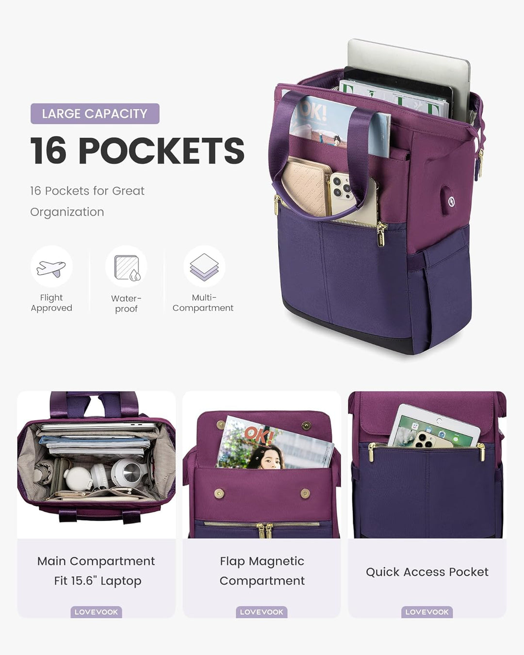 LOVEVOOK Mochila para laptop para mujer, mochila de trabajo convert...