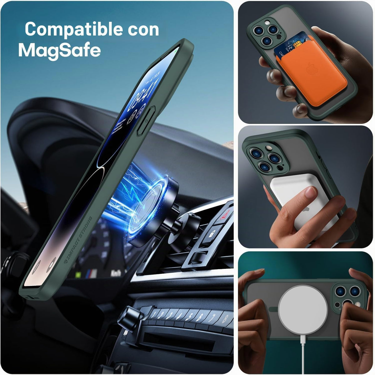ImpactStrong Protector magnético diseñado para iPhone 14 Pro [protección de cámara] [prueba de caídas de grado militar] [compatible con MagSafe] Funda delgada translúcida mate (6.1 pulgadas), verde