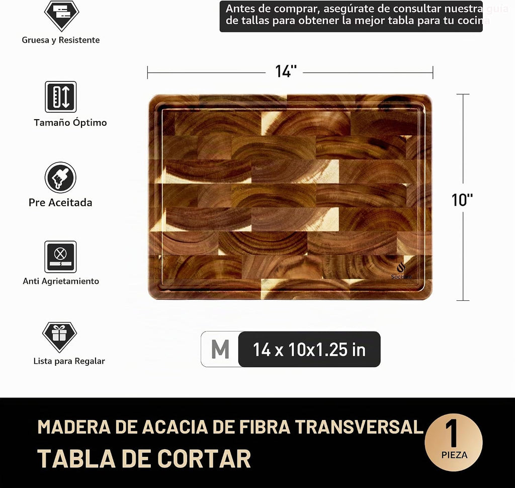 Tabla de cortar de madera de acacia con base antideslizante para cocina