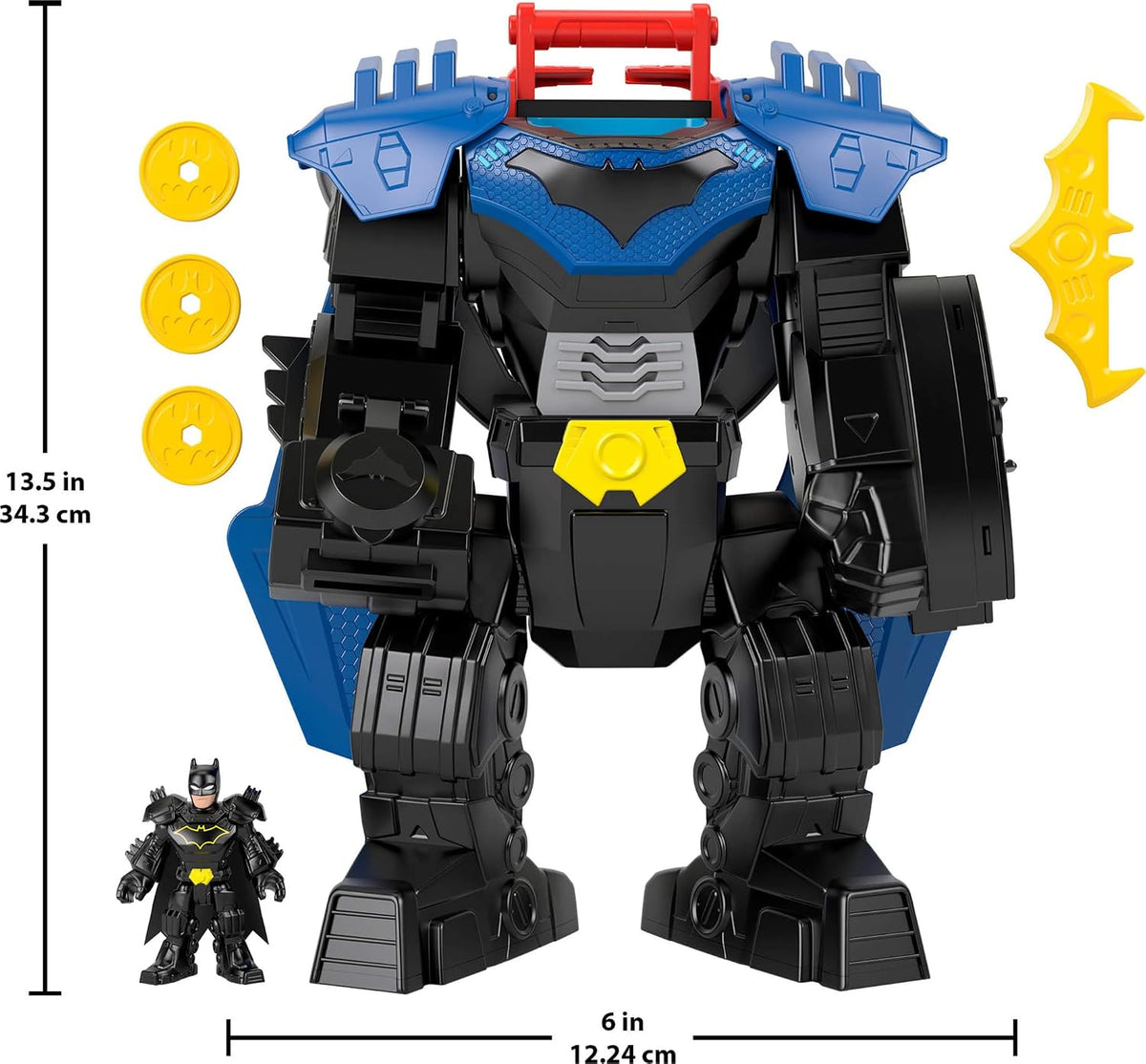 Fisher-Price Imaginext DC Super Friends, Batman Flight Mech con luces, sonidos, movimiento y figura de acción de 3 pulgadas, juguete de 14.5 pulgadas incluye lanzador y discos
