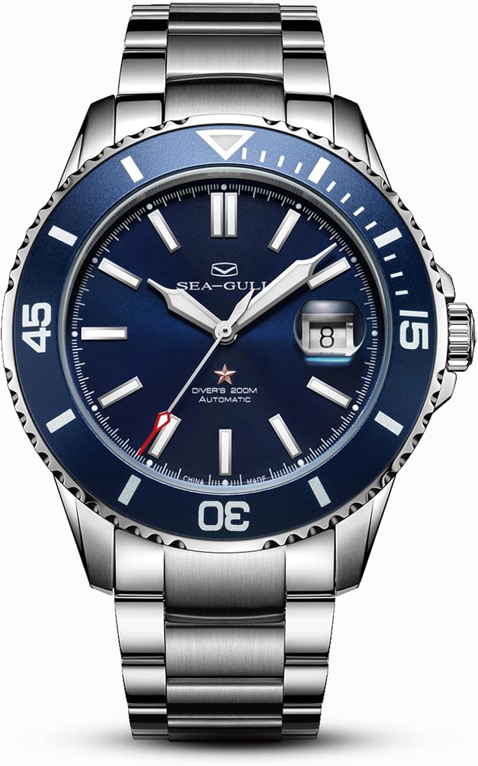 SEA-GULL - Reloj automático Seagull para hombre, correa de acero inoxidable, impermeable hasta 200M, mecánico con calendario luminoso, reloj de pulsera para negocios, casual, buceo para hombres