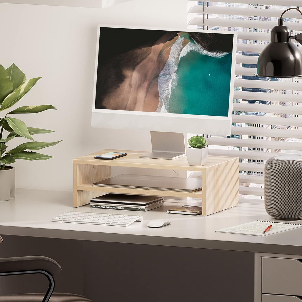 FITUEYES Soporte elevador de madera para monitor, estante de almacenamiento de escritorio de 2 niveles, roble