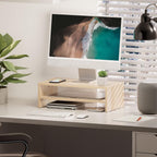 FITUEYES Soporte elevador de madera para monitor, estante de almacenamiento de escritorio de 2 niveles, roble