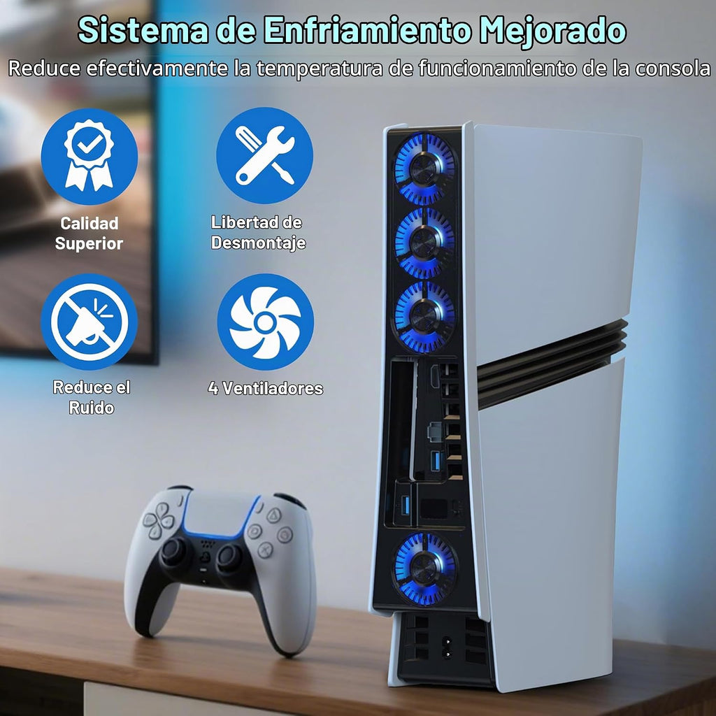 JUSPRO Ventilador de refrigeración para PS5 Pro, ventilador silencioso mejorado de 4 enfriadores con velocidad ajustable, encendido/apagado automático, accesorios de enfriamiento con puerto USB 3.0 y