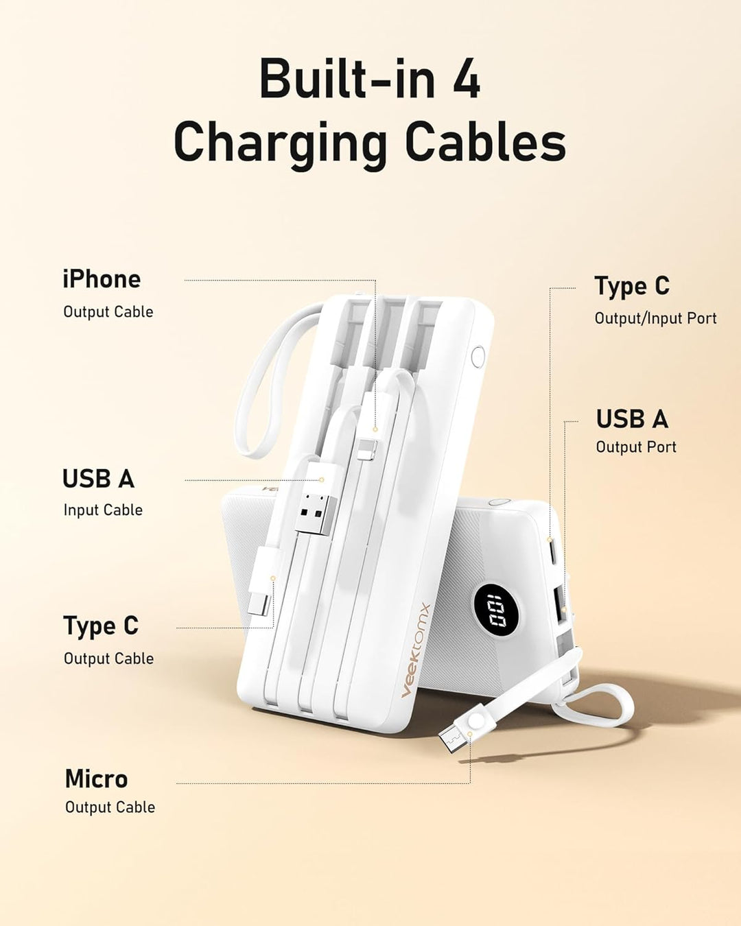 VEEKTOMX Cargador portátil con cables integrados, cargador de bater...