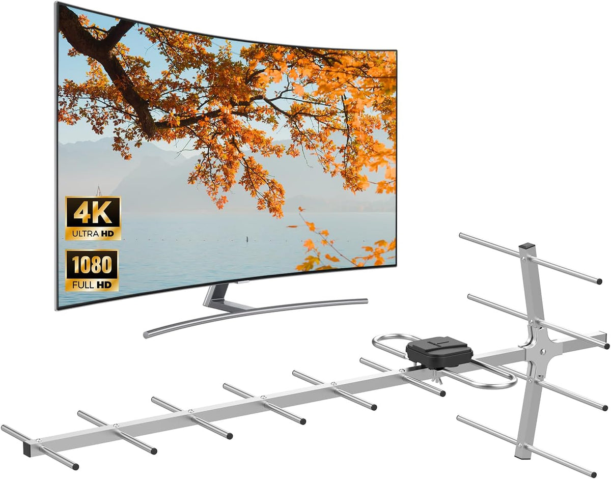 Antena de TV al aire libre para Smart TV, antena de TV inteligente de largo alcance al aire libre, compatible con 4K 1080P HD VHF UHF, resistente a la intemperie y recepción de largo alcance con cable