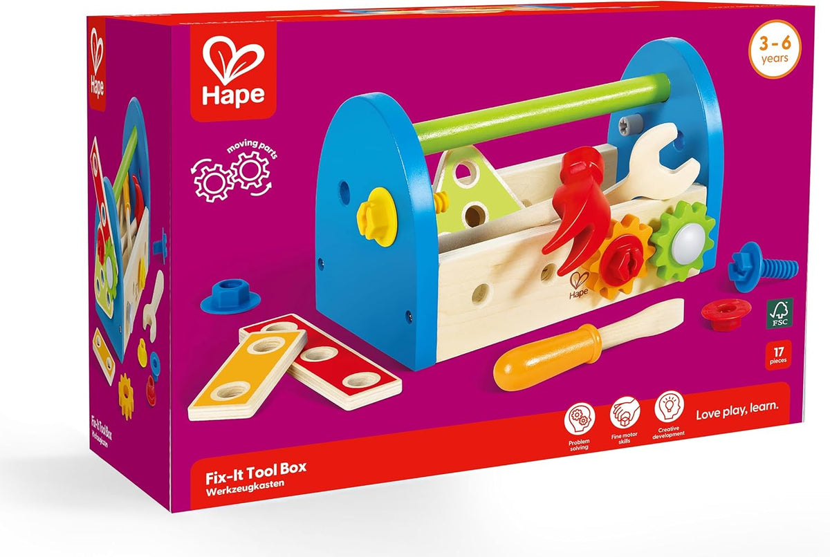 Caja de herramientas Hape de madera del niño y juego de accesorios