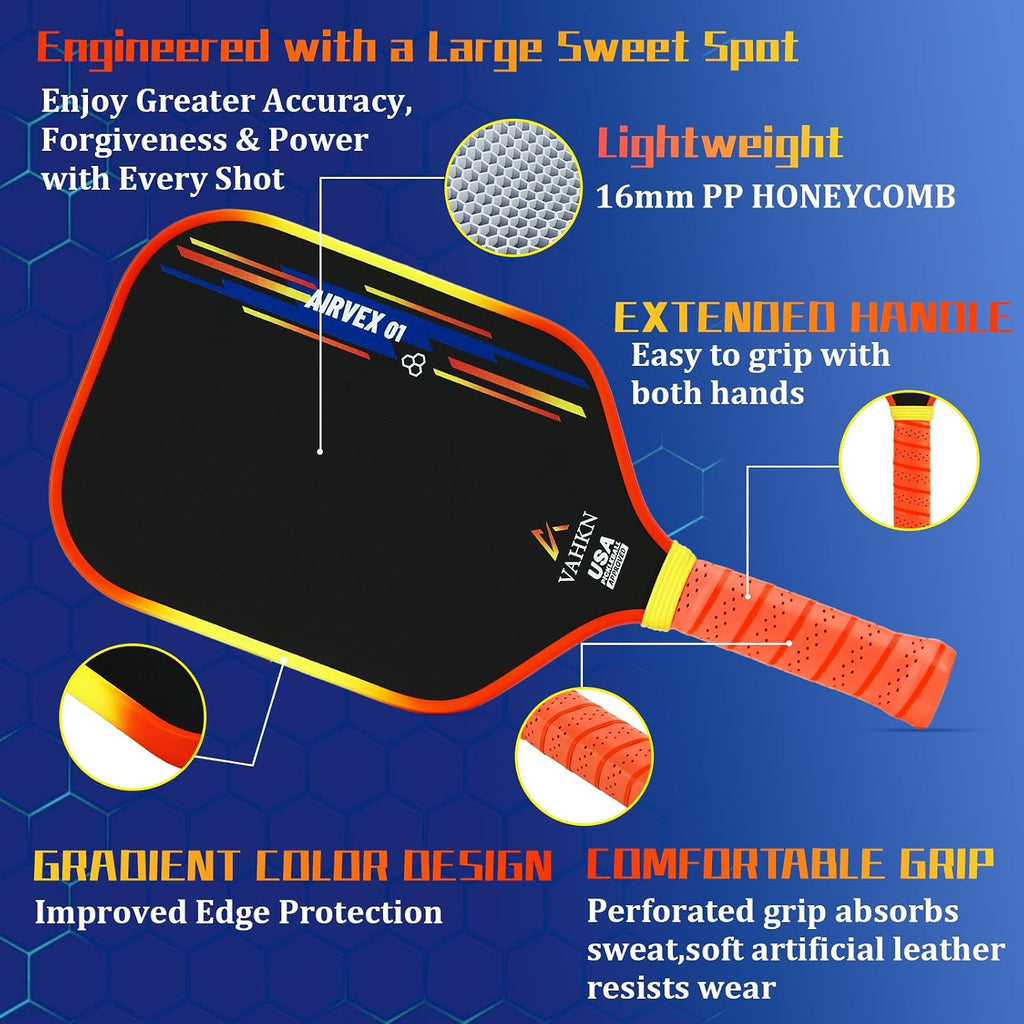 Paletas de pickleball | Pala de pickleball de fibra de carbono de 0.63 pulgadas | Superficie texturizada de alto giro y borde degradado vibrante | Raqueta aprobada por USAPA para máxima potencia