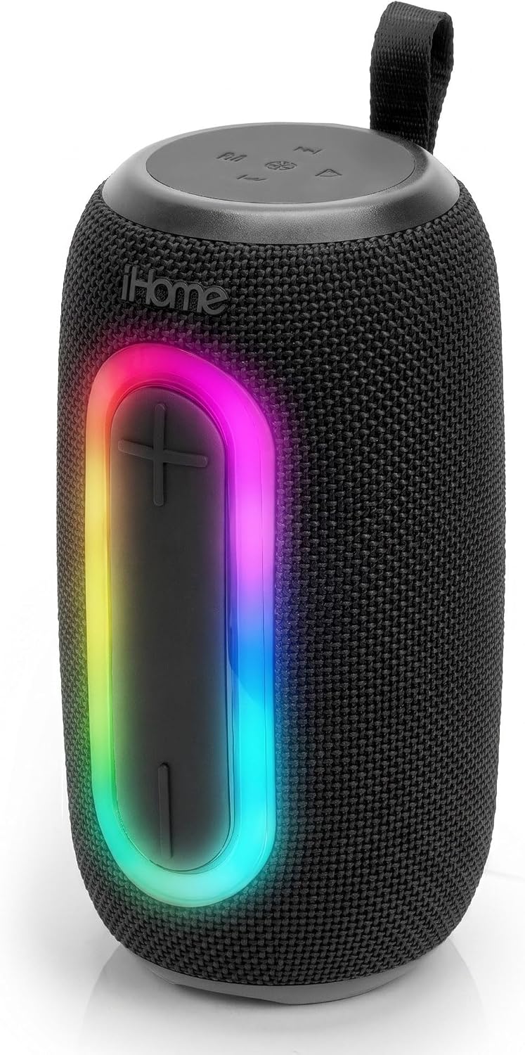 iHome Quest Pro - Altavoz portátil inalámbrico, Bluetooth 5.3, luces RGB que cambian de color, resistente al agua, batería recargable, correa de transporte, emparejamiento de altavoces TWS