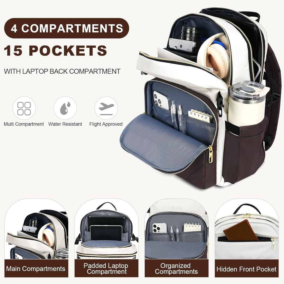 VANKEAN Mochila para laptop para mujer, Beige-café, 15,6 pulg., Moc...