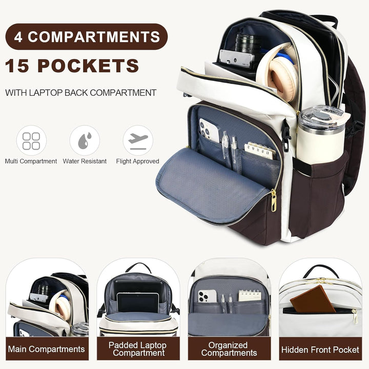 VANKEAN Mochila para laptop para mujer, Beige-café, 15,6 pulg., Moc...