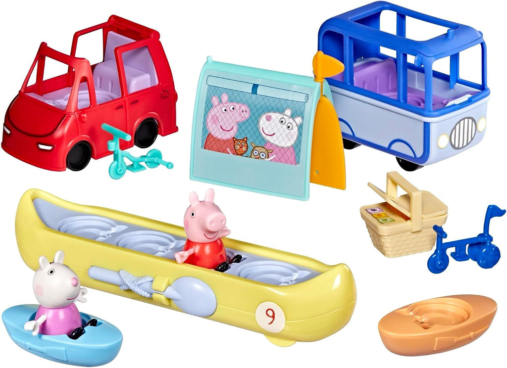 Peppa Pig Peppa's Travels: juego de aventura al aire libre, 2 figuras con mini coche y autobús, barcos, tienda de campaña y más, juguetes preescolares para niñas y niños mayores de 3 años
