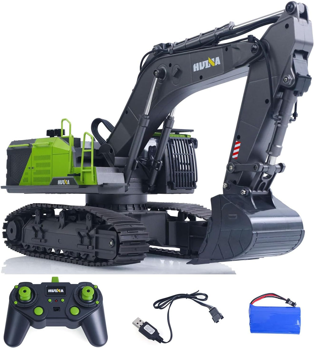 US in Stock, HUINA 1/14 593 Modelo RC Excavadora de tierra de metal y plástico, con luz LED y sonido de simulación, batería 2.4G control remoto 28CH, modelo de grado aficionado para mayores