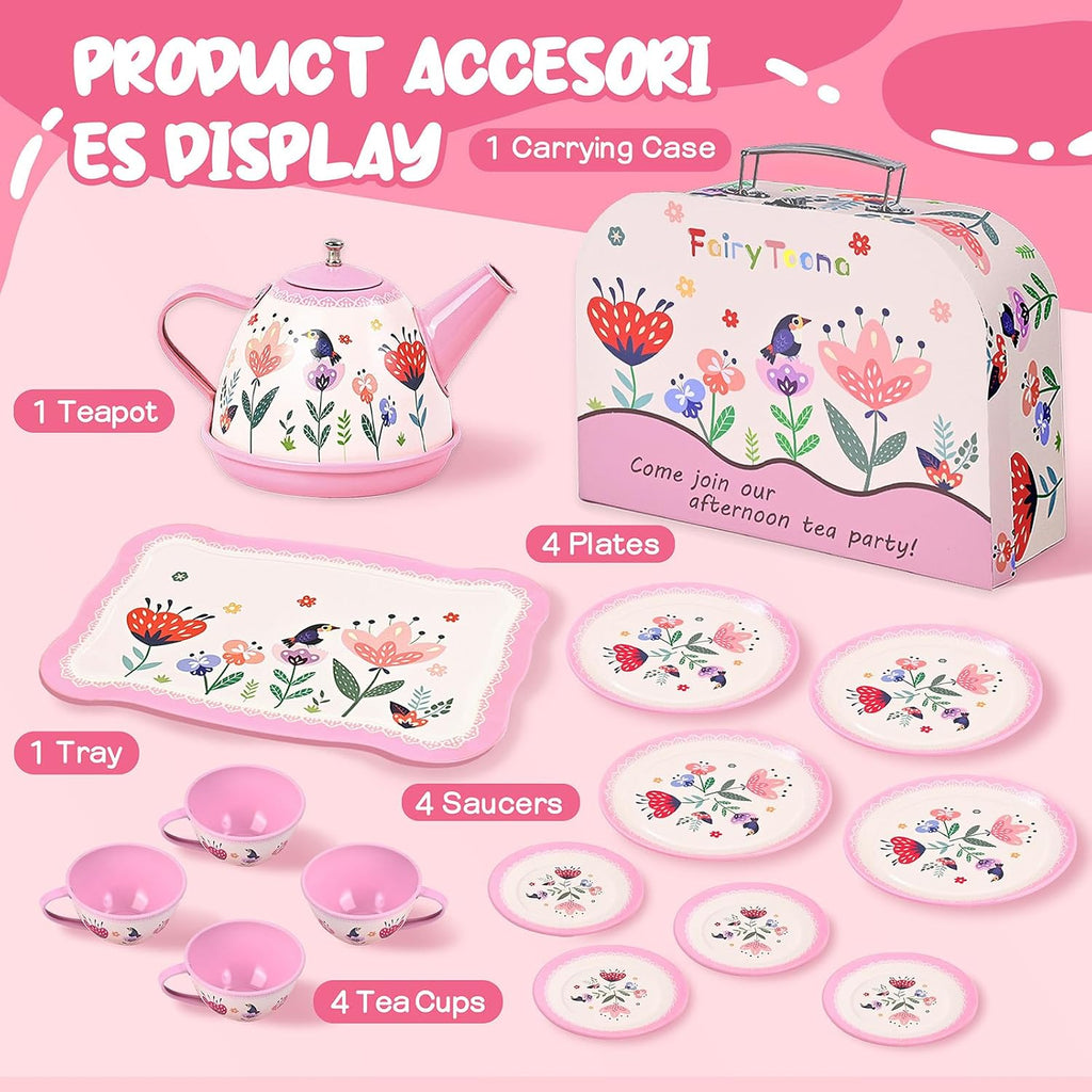 Juego de fiesta de té floral para niñas pequeñas de 3 a 6 años, juego de 15 piezas de juguetes de cocina de simulación con tetera, tazas, platos y estuche de almacenamiento, juego de