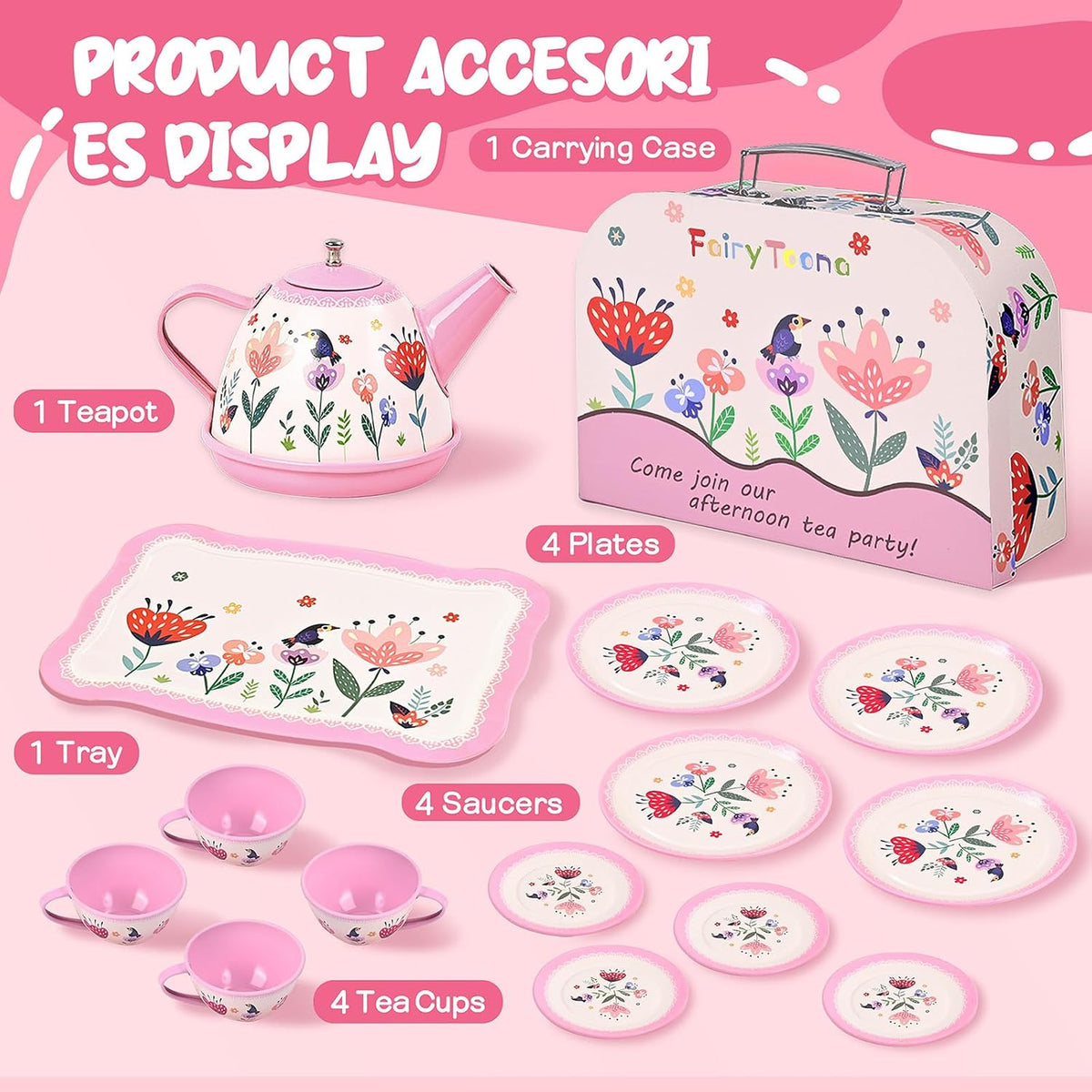 Juego de fiesta de té floral para niñas pequeñas de 3 a 6 años, juego de 15 piezas de juguetes de cocina de simulación con tetera, tazas, platos y estuche de almacenamiento, juego de