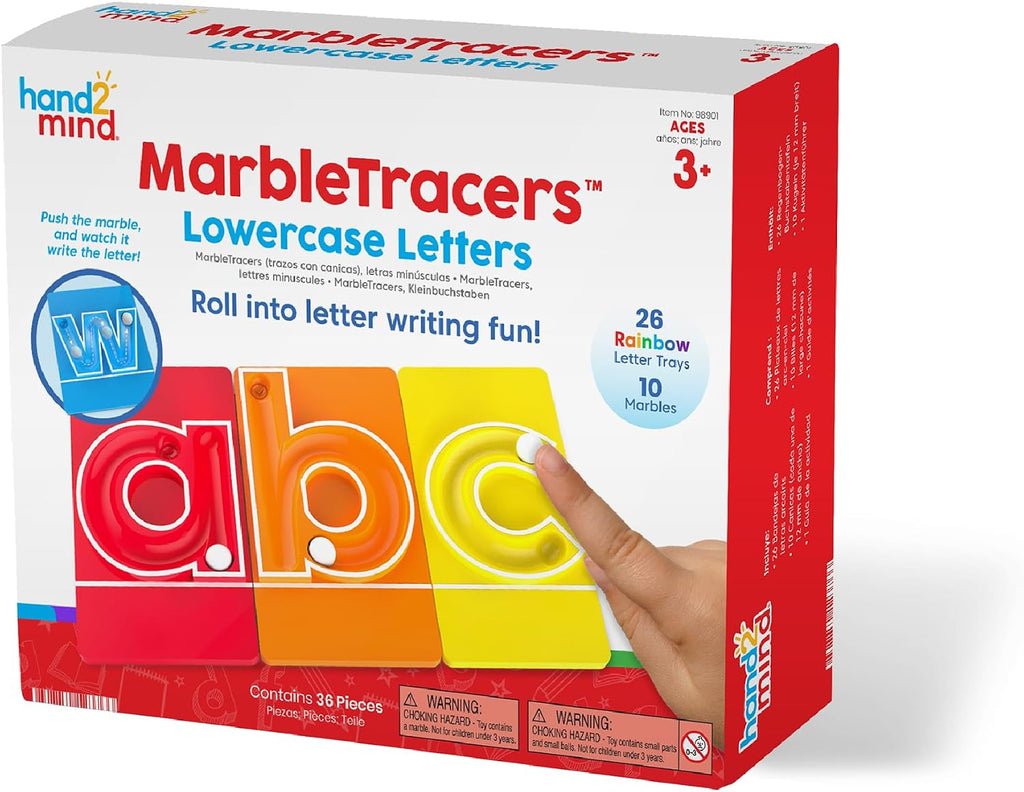 hand2mind MarbleTracers - Letras minúsculas, 24 bandejas de rastreo de letras, 10 canicas